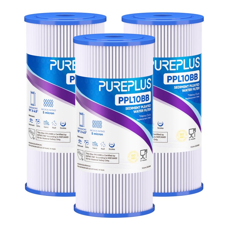 Pure Plus PUREPLUS 5 Micron 10" x 4.5" Whole House Pleated Sediment Filter for Well Water, Replacement Cartridge for GE FXHSC, Culligan R50-BBSA, Pentek R50-BB, DuPont WFHDC3001, W50PEHD, GXWH40L, 3Pack - Image 1